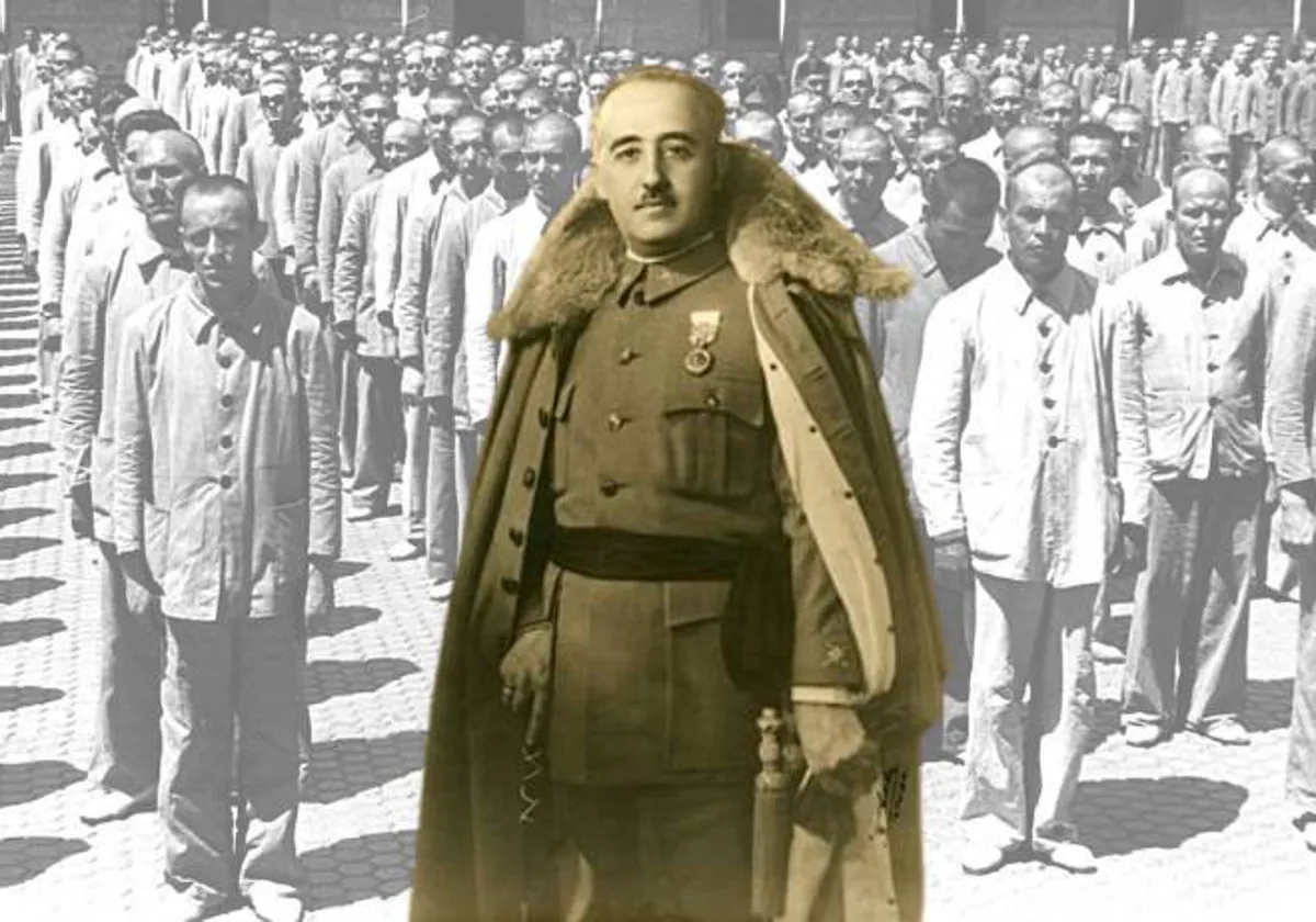 Montaje de Franco, sobre una filas de presos republicanos durante el franquismo