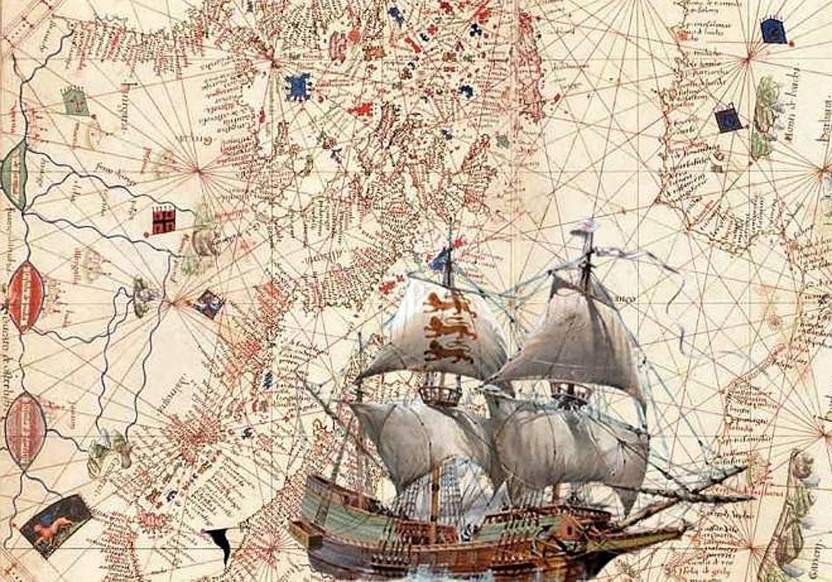 Montaje del Atlas de Andrea Benincasa de 1476, sobre una barco de la época