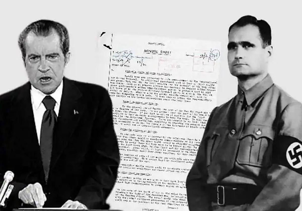 Los papeles desclasificados en 2007, junto a una imagen de Rudolf Hess y Nixon