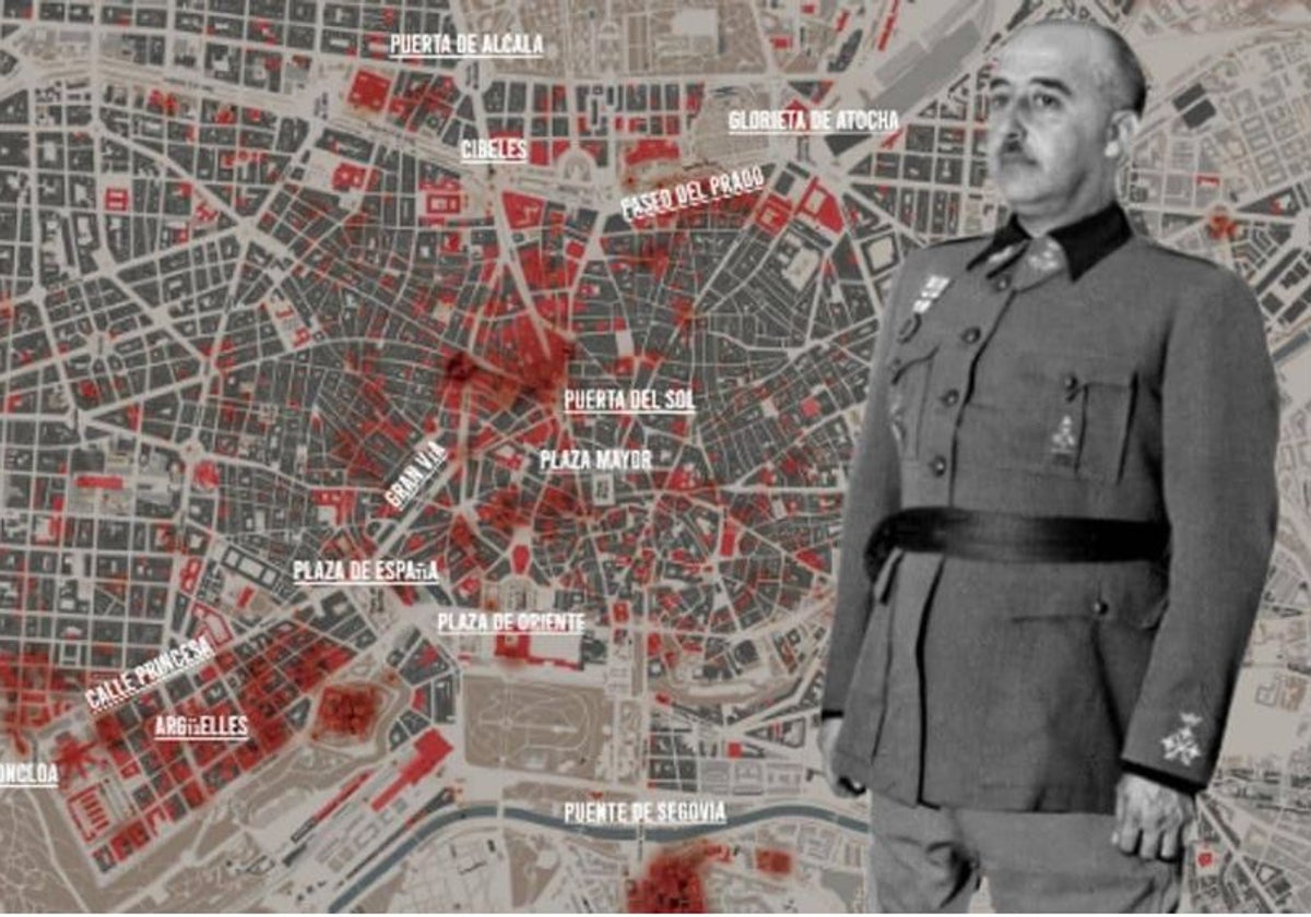 Montaje de Franco, sobre un detalles del mapa de 'Madrid Bombardeado, 1936-1939'