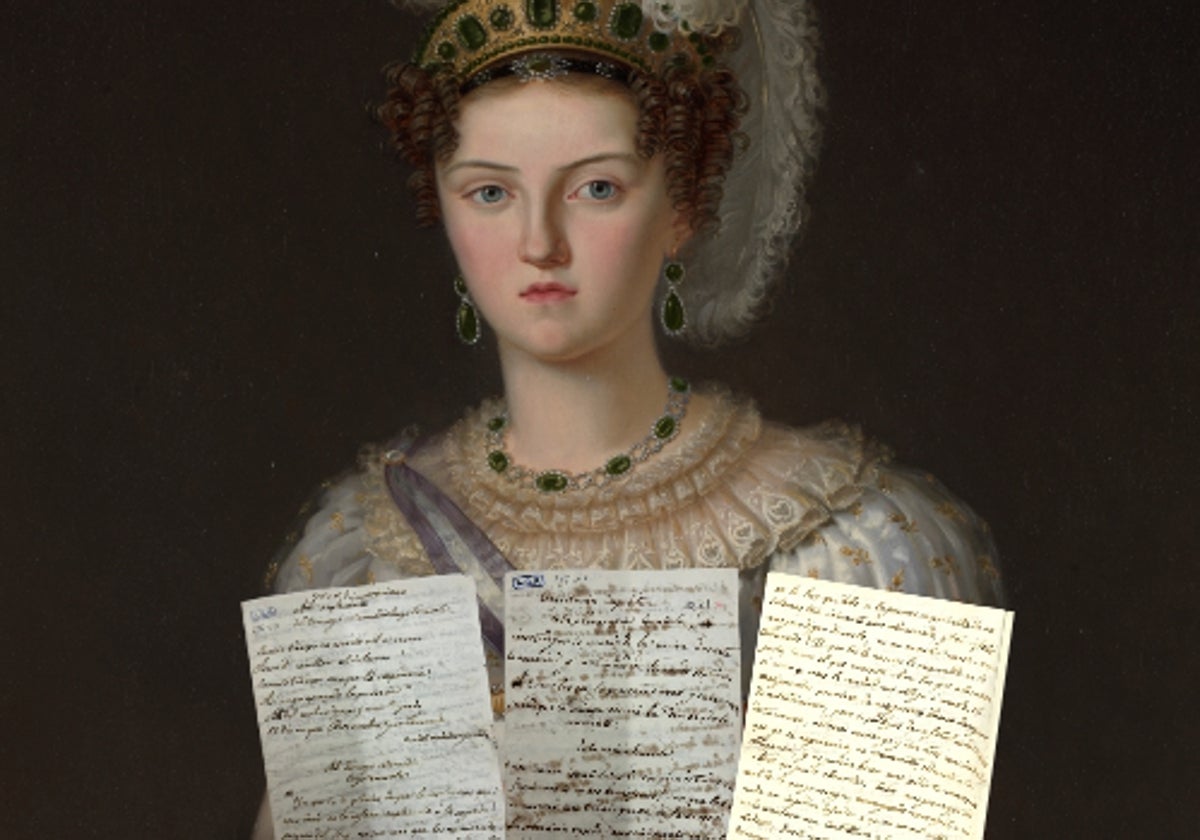 Montaje del retrato de Doña María Josefa Amalia realizado por Francisco Lacoma, junto a algunos de los textos inéditos de la Reina