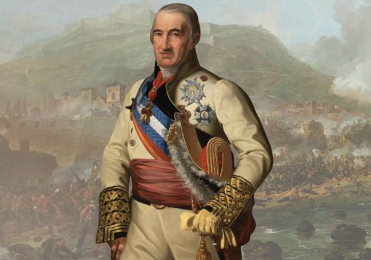 Montaje del retrato del general Castaños realizado originalmente por José María Galván, sobre un cuadro de Denis Dighton sobre el asedio de San Sebastián