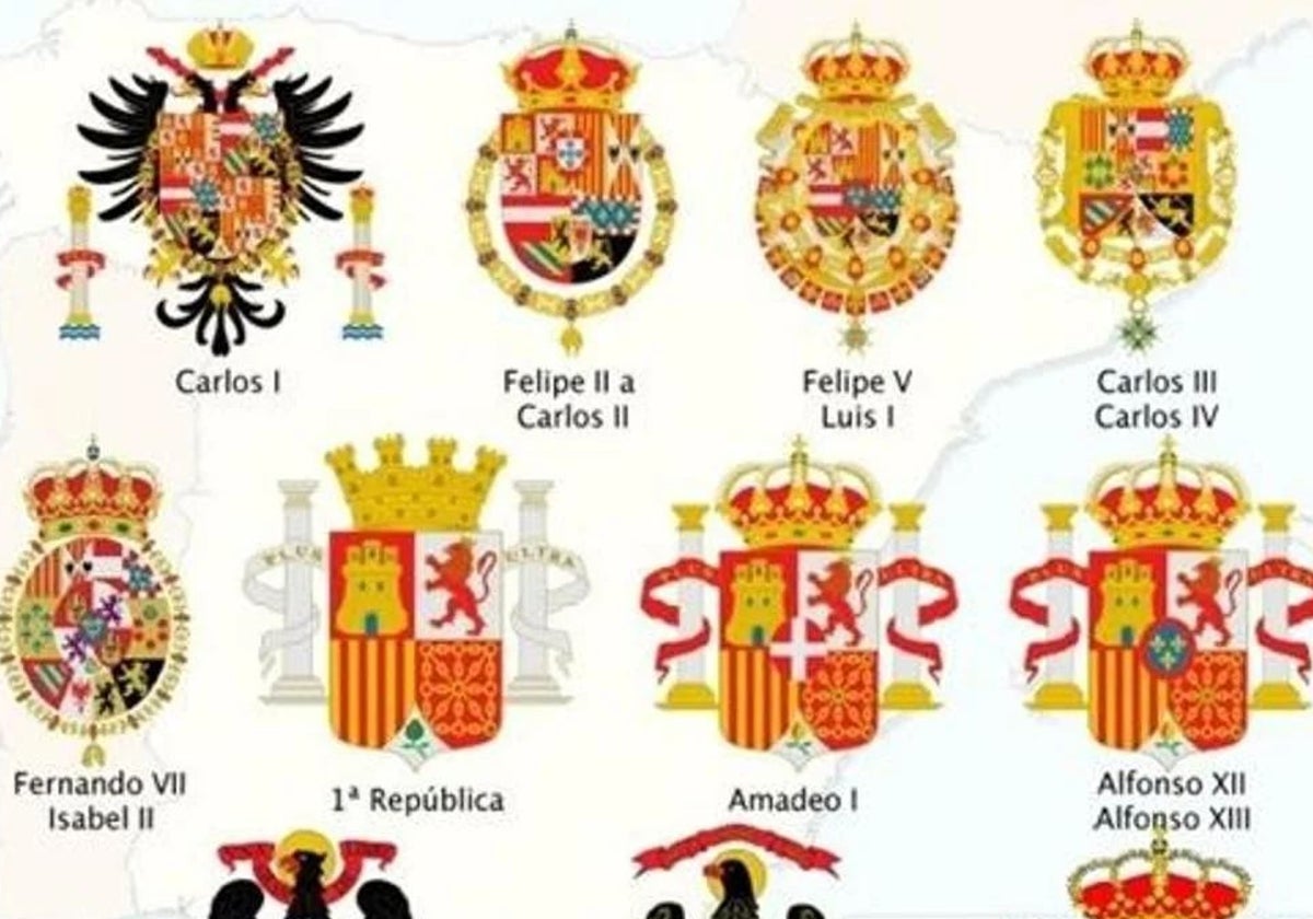 El escudo actual de España, junto a algunos de los que le precedieron