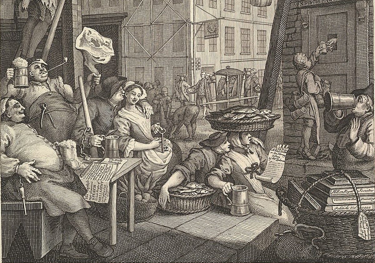 Una de las obras que William Hogarth le dedicó a la ginebra en 1751