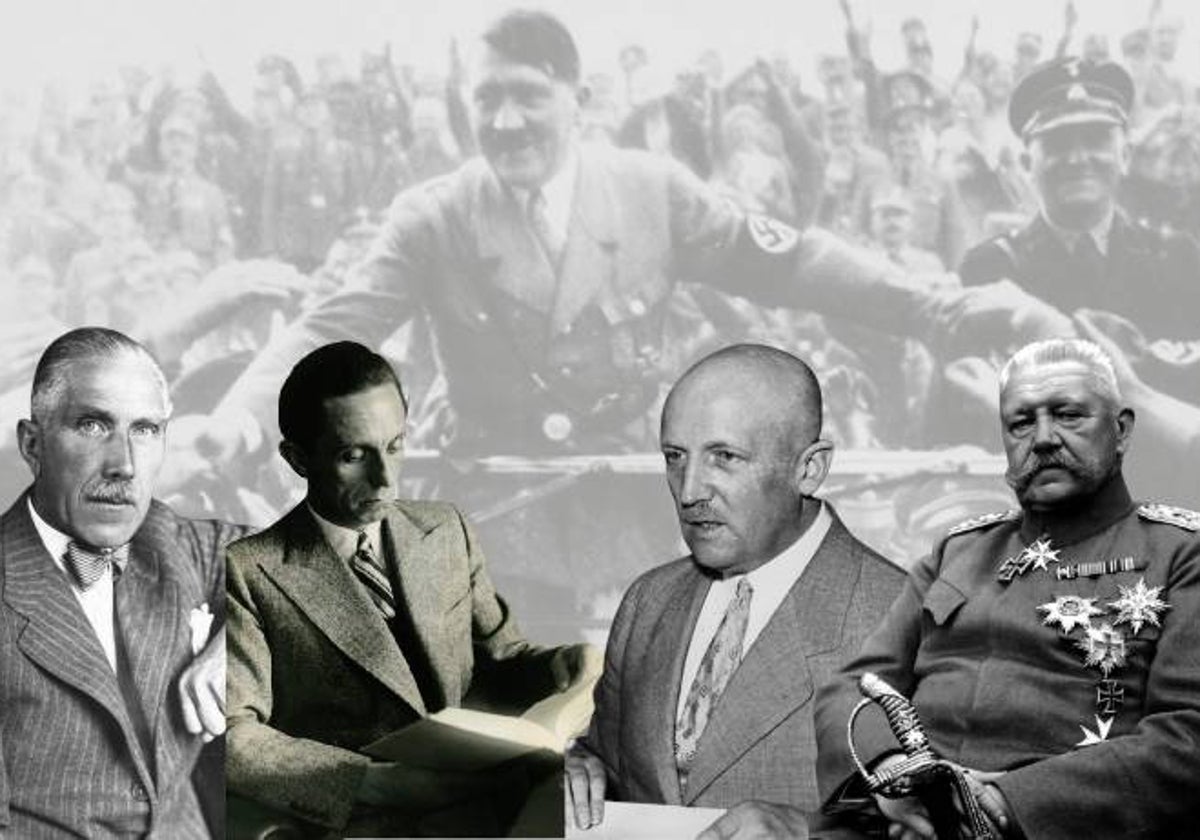 De izquierda a derecha: Franz von Papen:, Joseph Goebbels, Kurt von Schleicher y Paul von Hindenburg, sobre una imagen de Hitler el día que fue nombrado canciller