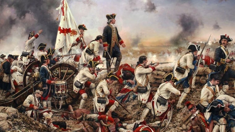 Cuadro de Augusto Ferrer-Dalmau que presenta la toma de pEnsacola por Bernardo de Gálvez. Al fondo, el aspa de Borgoña