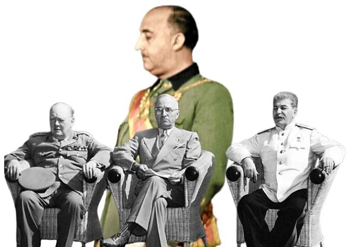 Montaje de Franco, sobre una imagen de Churchill, Truman y Stalin en la Conferencia de Potsdam de 1945