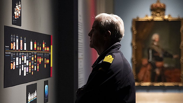 Sala de la exposición. Un miembro de la Armada observa la línea de tiempo que muestra la evolución de la bandera
