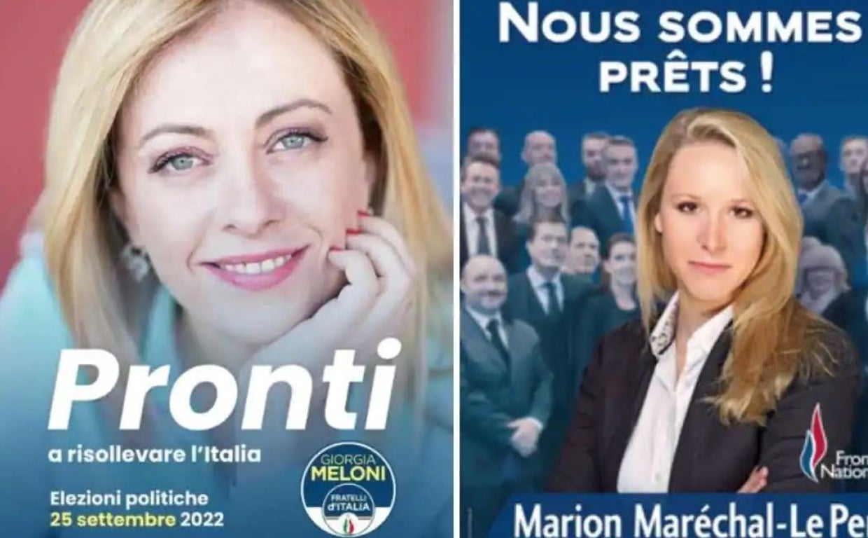 A la izquierda, cartel electoral de Giorgia Meloni (Hermanos de Italia); a la derecha, el de Marine Le Pen (Agrupación Nacional de Francia)