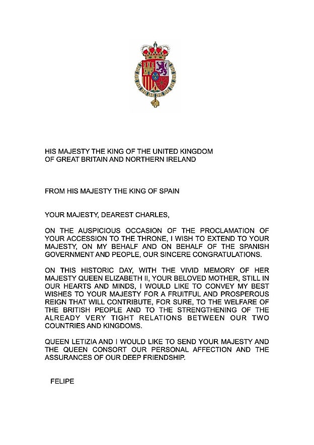 La carta de Felipe VI a Carlos III de Inglaterra