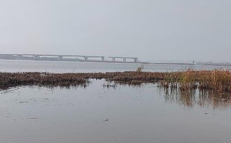Imagen del puente Antonivskiy, que ha colapsado, sobre el río Dniéper
