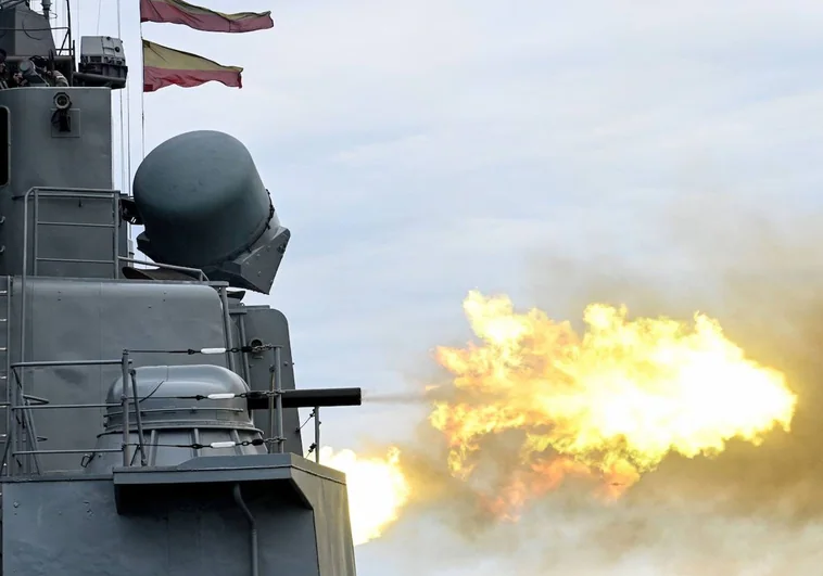 The fires of the Russian anti-submarine destroyer Marshal Shaposhnikov during the military exercises 