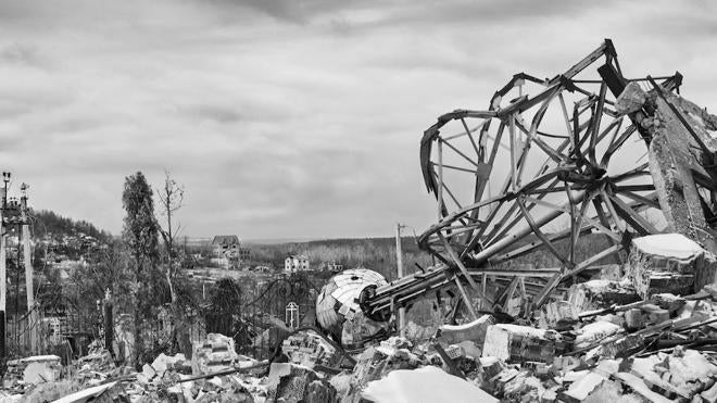 La localidad de Bohorodychne está totalmente destruida por culpa de los fuertes combates entre las tropas ucranianas y las tropas rusas