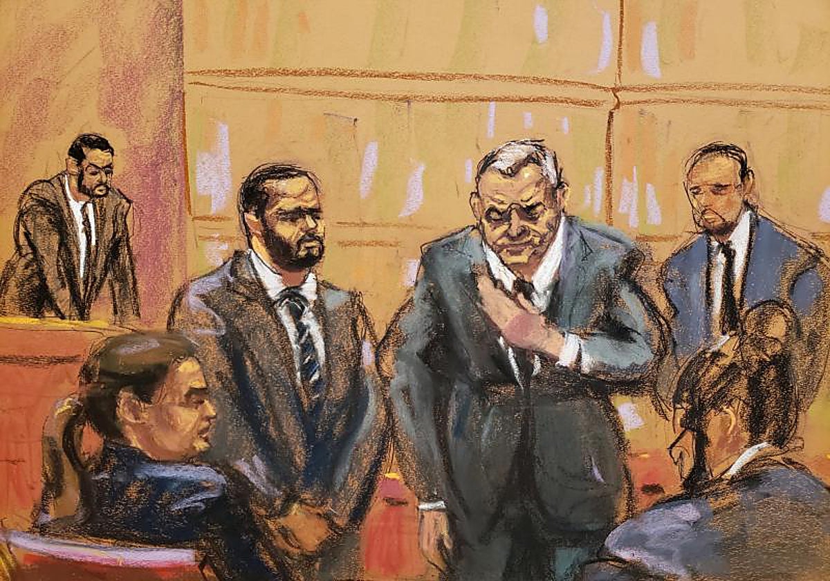 Reproducción fotográfica de un dibujo realizado por la artista Jane Rosenberg donde aparece el exsecretario de Seguridad Pública mexicano, Genaro García Luna