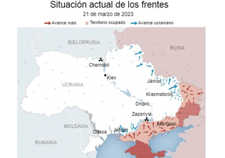 Mapa de la invasión rusa de Ucrania: Bajmut resiste y Ucrania ataca Crimea