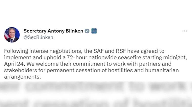 EEUU anuncia que las RSF y el Ejército de Sudán han acordado un alto el fuego de tres días