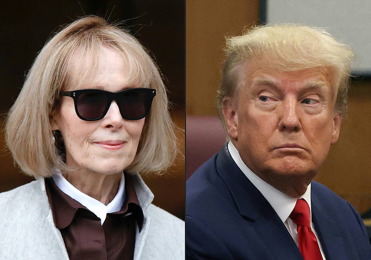 La escritora Carrol en el Tribunal Federal de Manhattan en Nueva York en abril de 2023 y Expresidente Donald Trump