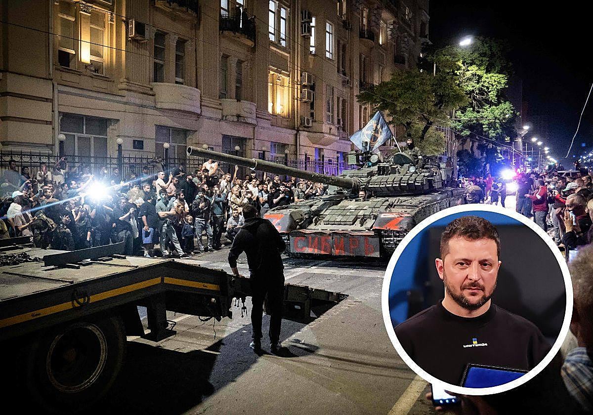 Tanques de Wagner en Rostov y el presidente ucraniani, Volodimir Zelenski