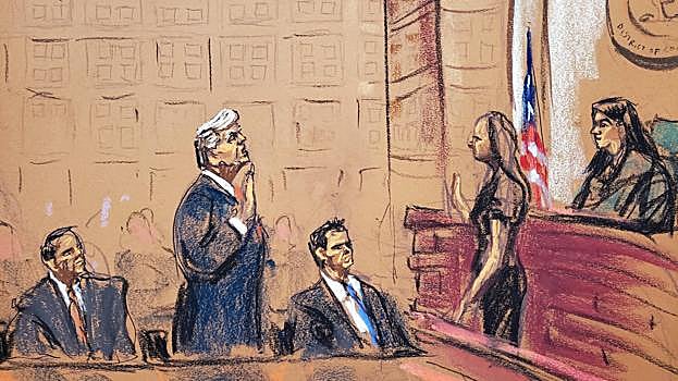 Donald Trump, en un dibujo de su comparecencia ante la juez en Washington