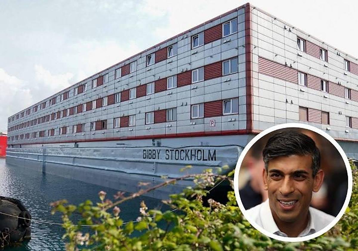 El primer ministro británico, Rishi Sunak, en el centro de la imagen. En vídeo: Bibby Stockholm, el barco cárcel para solicitantes de asilo.
