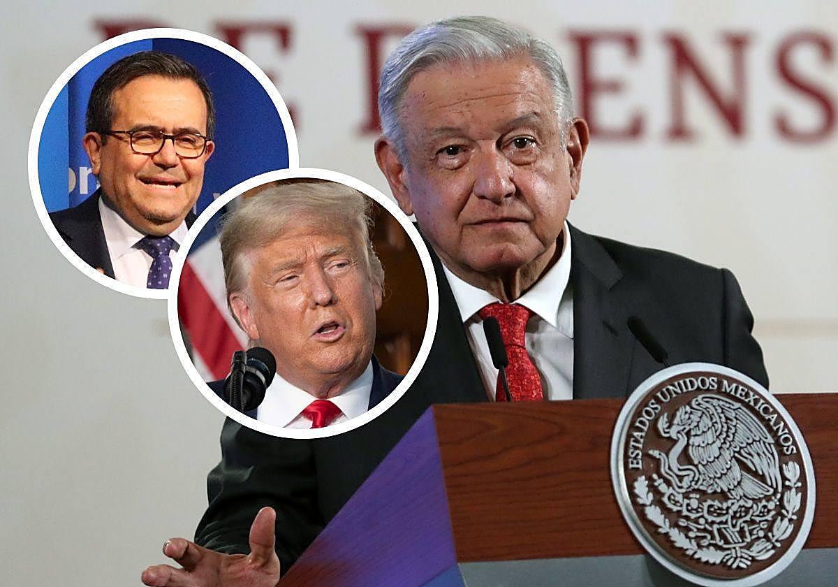 Montaje con las caras de Ildefonso Guajardo y Donald Trump sobre una imagen de López Obrador