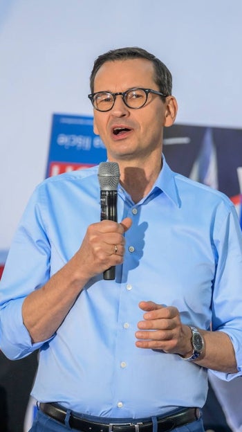 El Primer Ministro Mateusz Morawiecki en un mitin del partido gobernante Ley y Justicia (PiS)