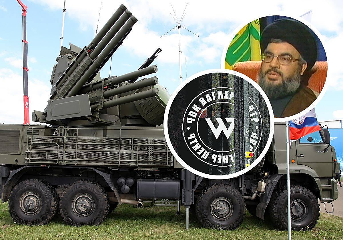 Un sistema Pantsir-S1, ruso, el logotipo del grupo Wagner y el líder Hizbolá, Hassan Nasrallah