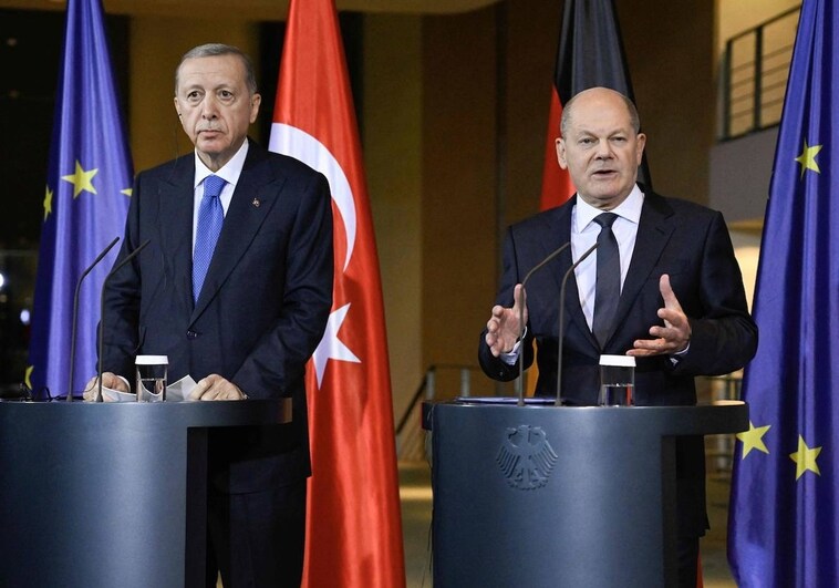 El presidente de Turquía, Recep Tayyip Erdogan, durante su rueda de prensa con el canciller de Alemania, Olaf Scholz