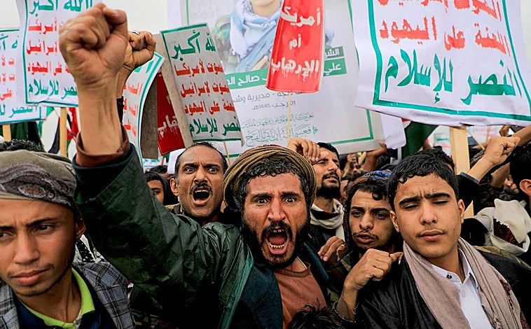 Imagen principal - La causa palestina, una excusa para la yihad global de los hutíes