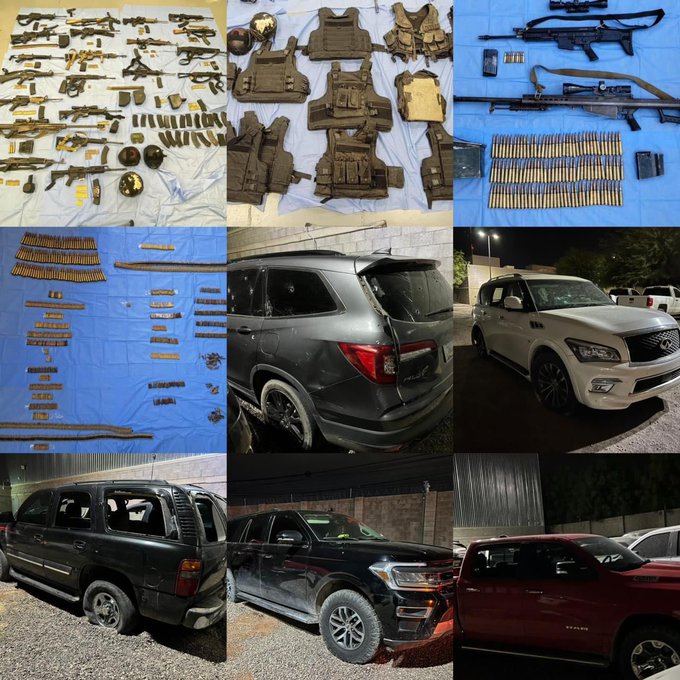 Fotos von beschlagnahmtem Armanetto und Fahrzeugen, die bei dem Angriff erschossen wurden