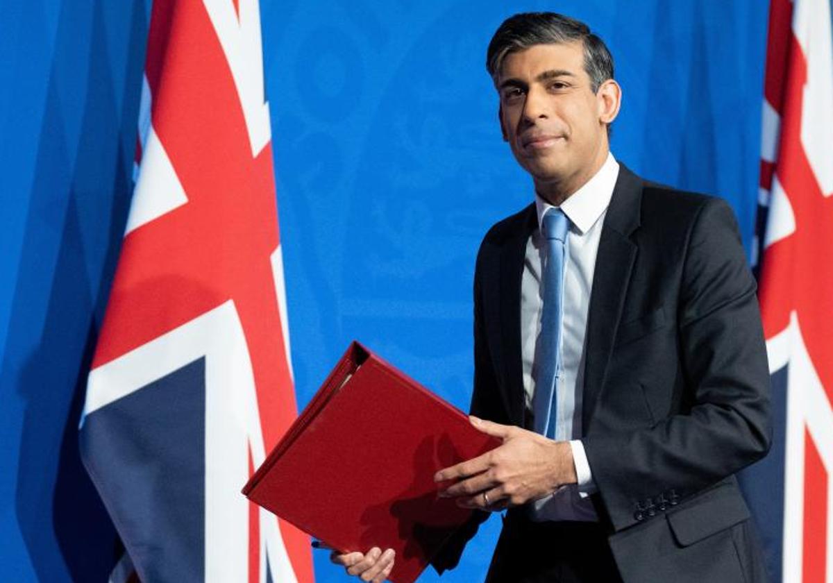 Der britische Premierminister Rishi Sunak bei einer Pressekonferenz in der Downing Street