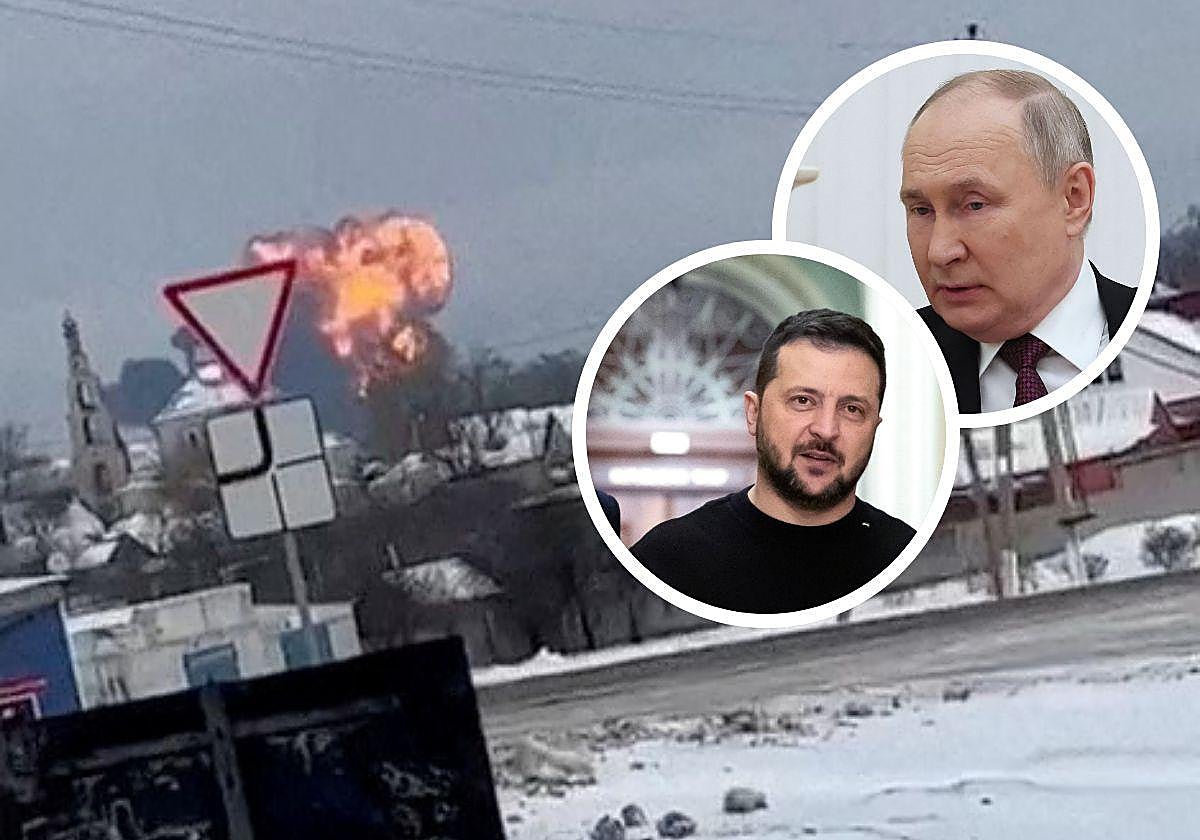 Imagen de la explosión del avión y Zelenski y putin