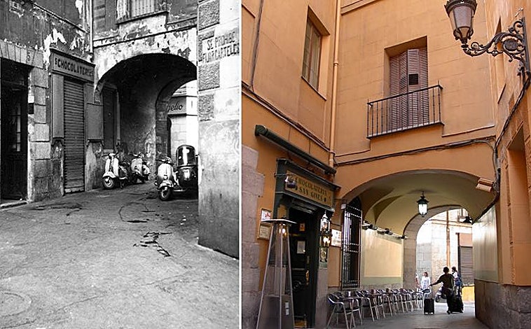 Imagen principal - Arriba, el callejón de San Ginés con un siglo de diferencia. Sobre estas líneas, Pedro Trapote, actual dueño del negocio y una larga cola de jóvenes que esperan su chocolate con churros el día de nochevieja. 