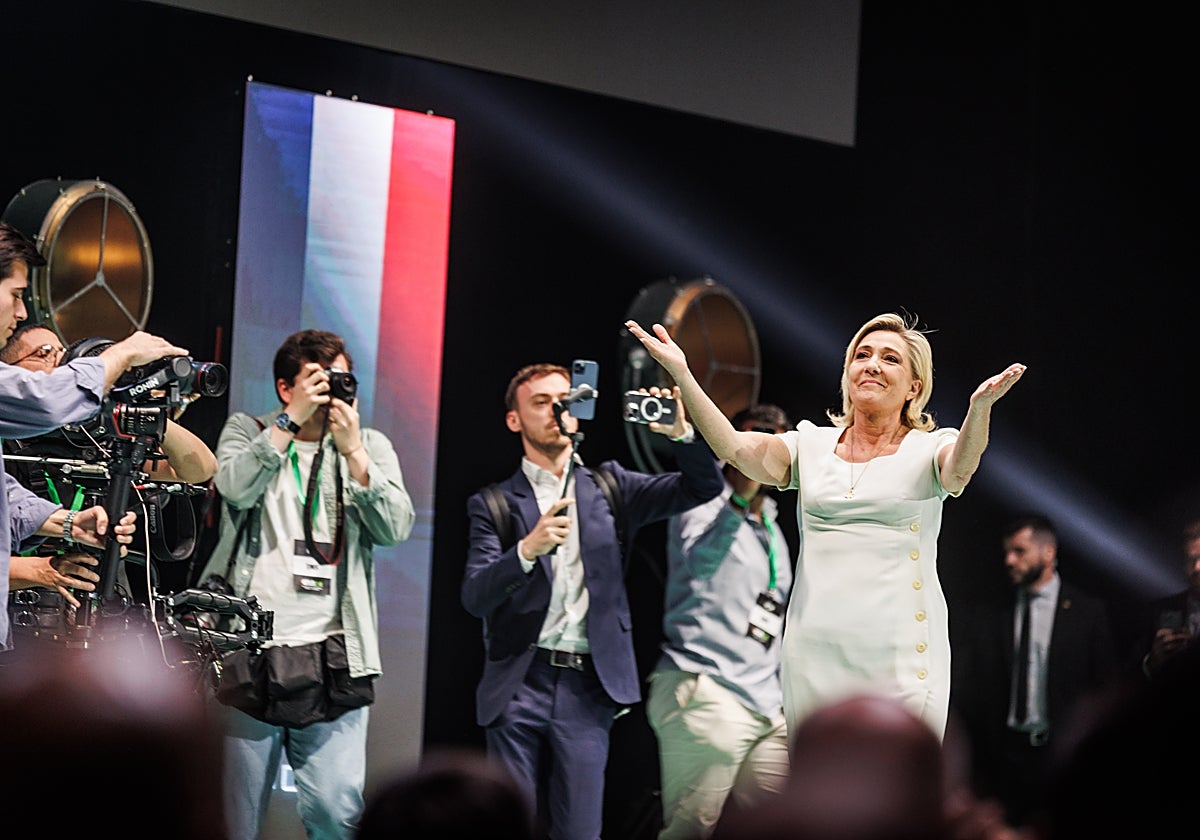 Marine Le Pen durante su participación en la convención organizada por Vox, el pasado fin de semana en Vistalegre (Madrid)