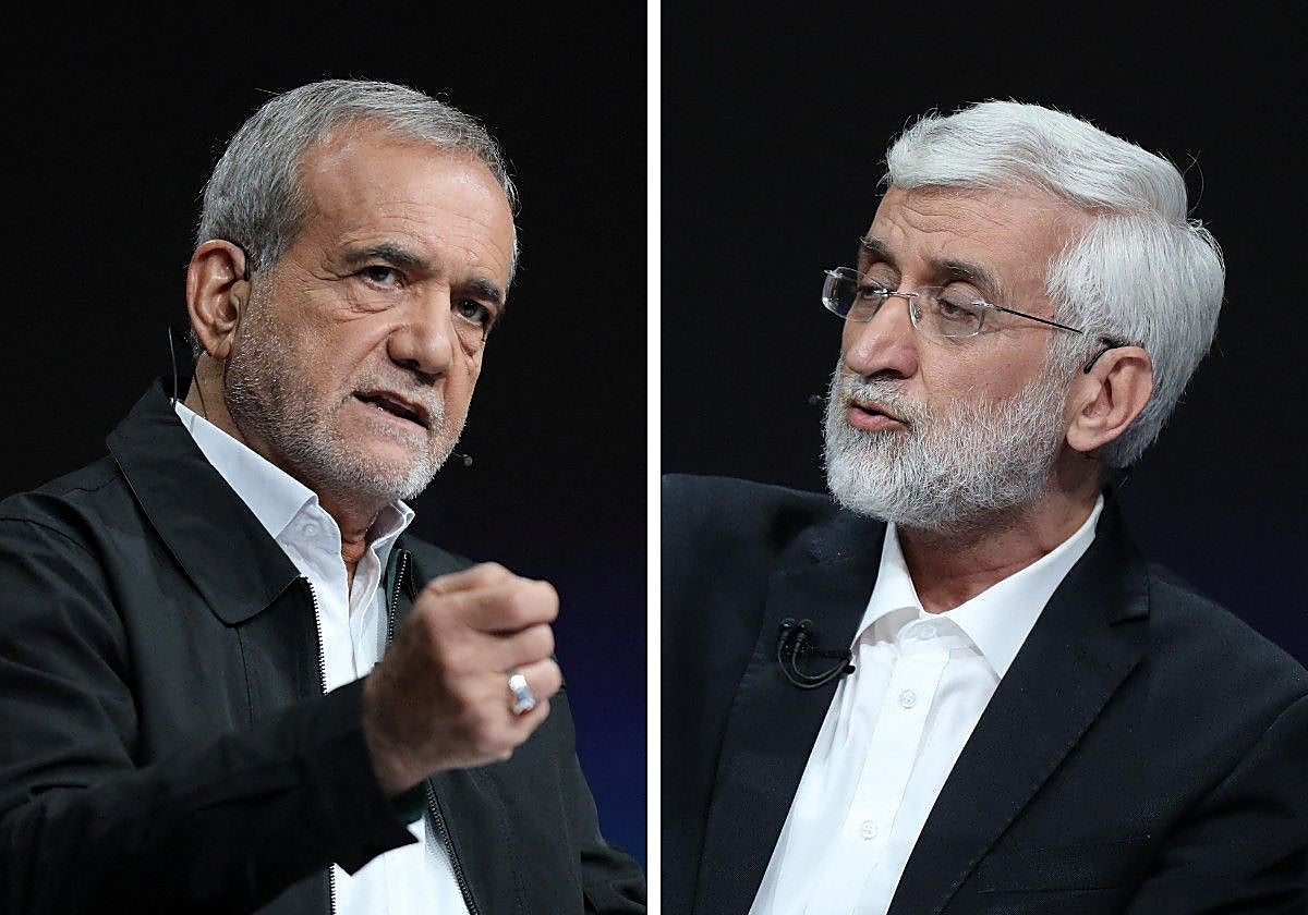 La libertad religiosa no figura entre las prioridades del candidato presidenciales Pezeshkian (izq.), mucho menos del islamista radical Jalili (der.)