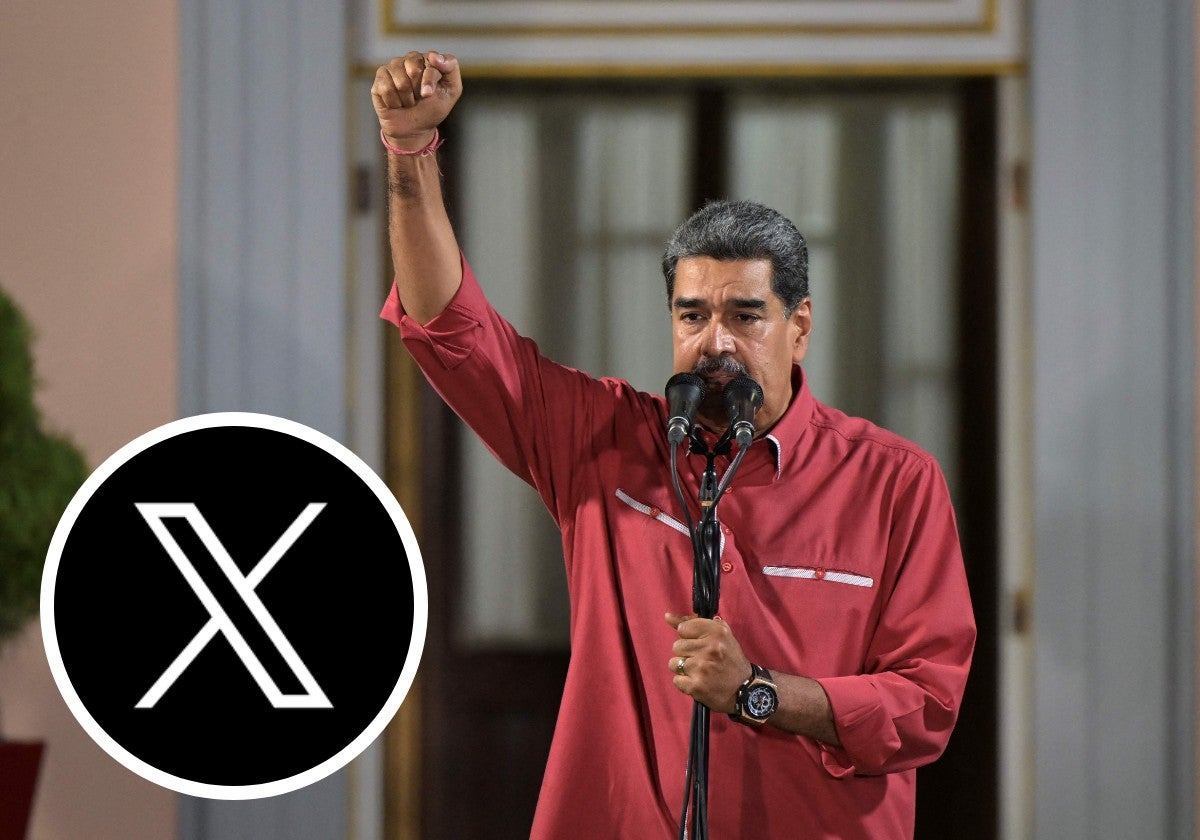 Nicolás Maduro durante una intervención en el palacio Miraflores y el logo de la red social X