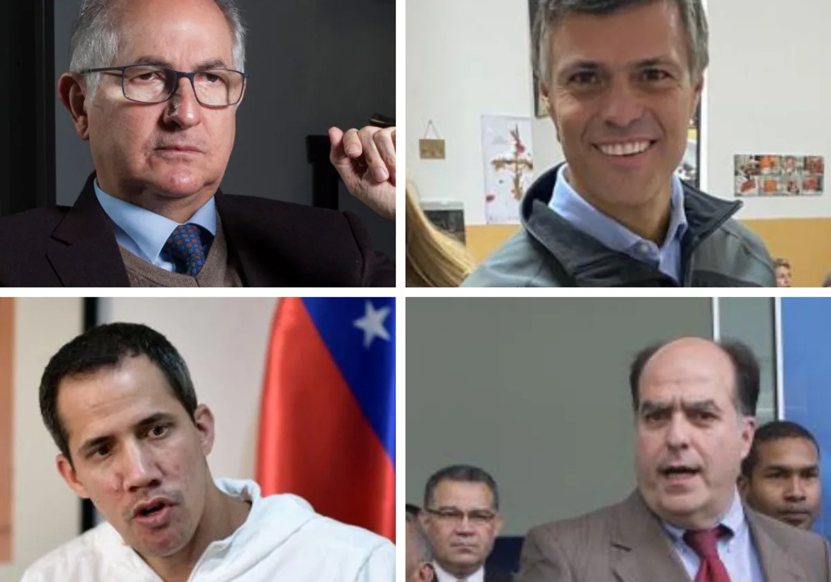 Antonio Ledezma (arriba a la izquierda), Leopoldo López (derecha), Juan Guaidó (debajo, a la izquierda) y Julio Borges