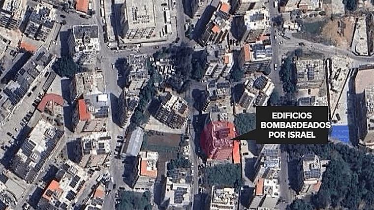 Lugar del ataque a los cuarteles generales de Hizbolá en los suburbios de Beirut