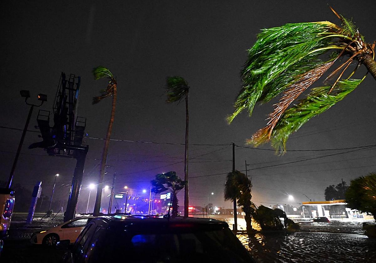 Las palmeras doblándose con el viento después de que el huracán Milton tocara tierra en Brandon (Florida)