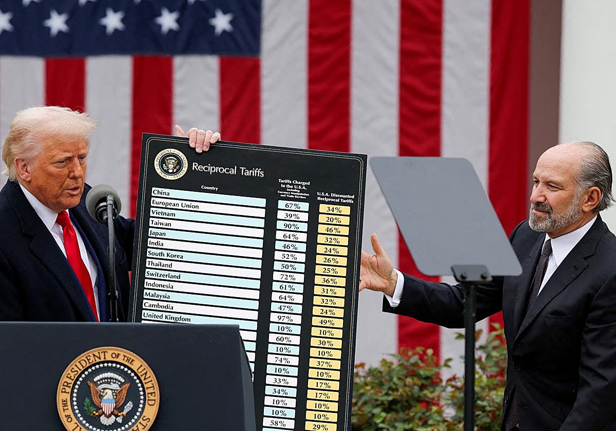El presidente Trump sujeta un cartel con información de los aranceles junto al secretario de Comercio