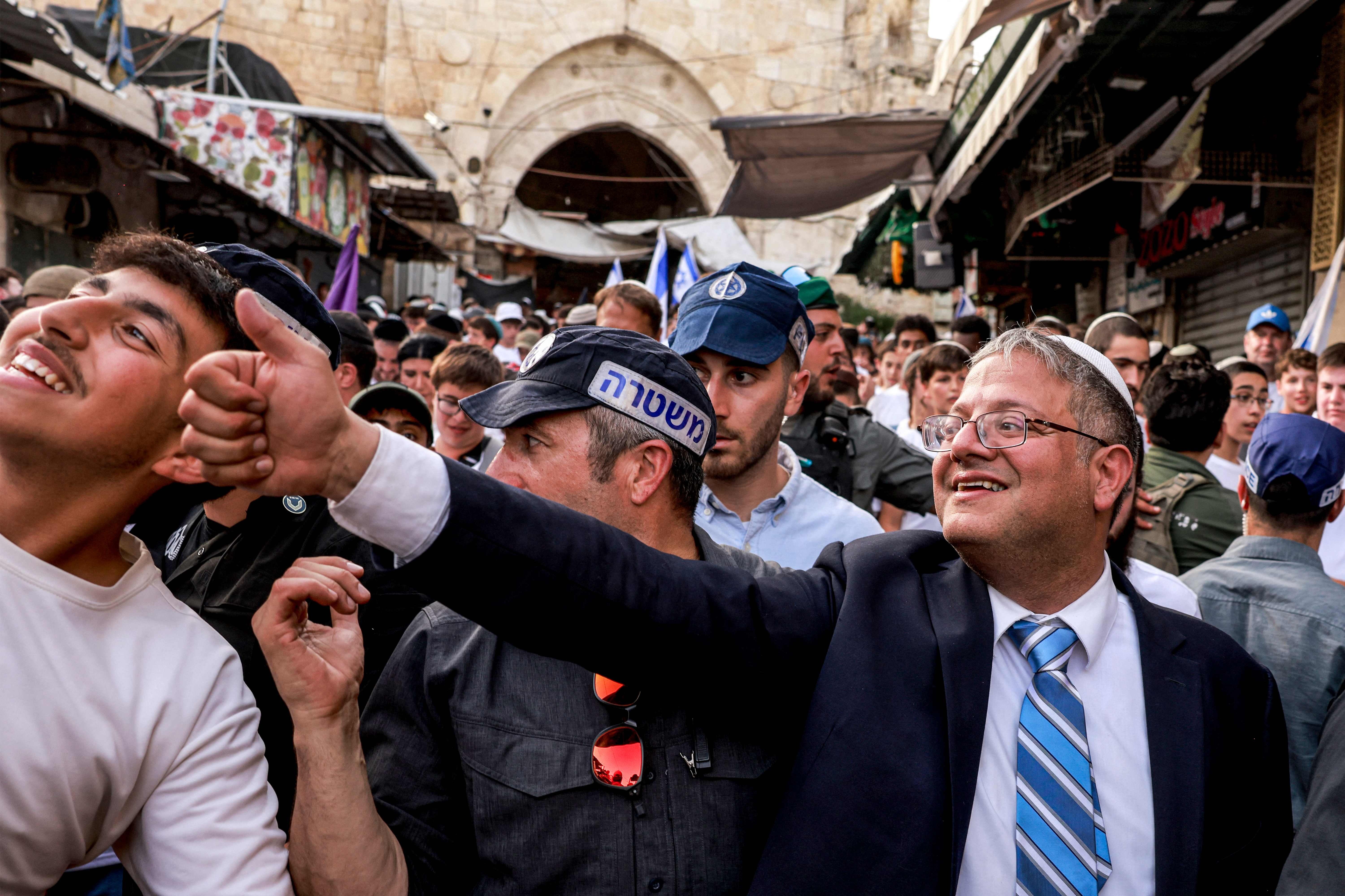 El ministro de Seguridad israelí, Itamar Ben Gvir, durante la 'Marcha de las Banderas'