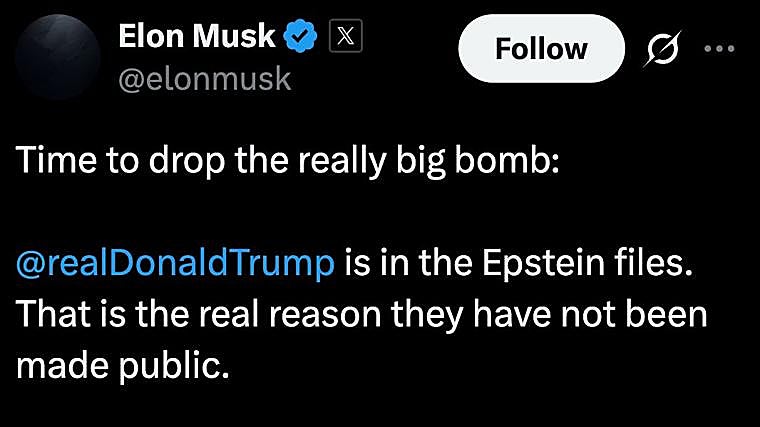 Captura de pantalla del mensaje publicado, y borrado posteriormente, por Elon Musk que vinculaba a Donald Trump con Jeffrey Epstein
