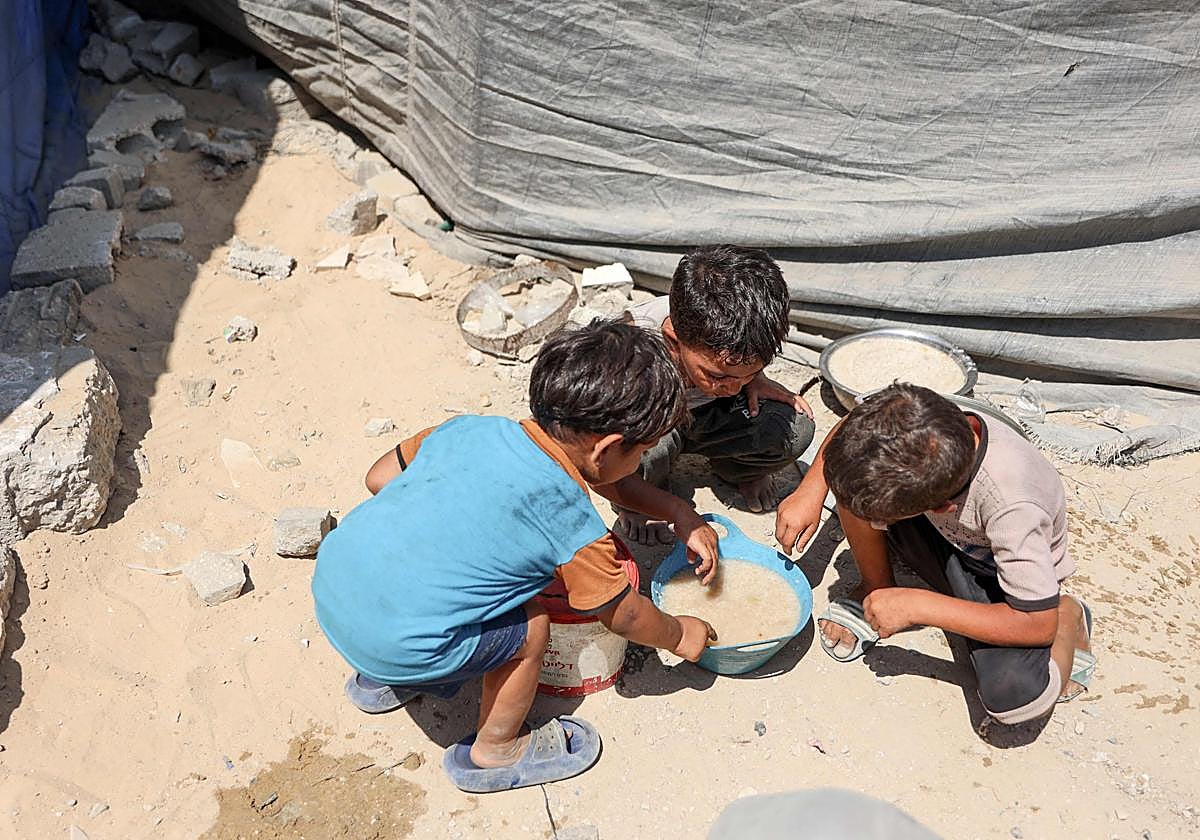 Niños paletinos cogen comida de un barreño.