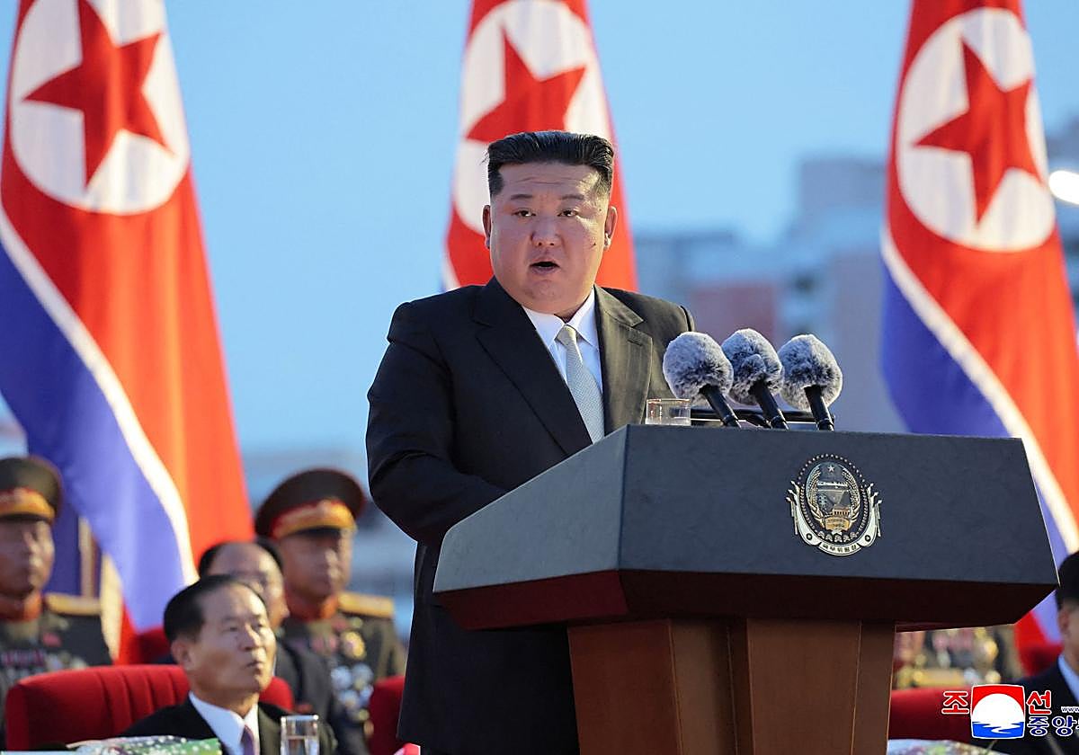 El presidente norcoreano, Kim Joung Un, dando un discurso por el 80º aniversario de la liberación del país del dominio colonial japonés, en Pyongyang, Corea del Norte, el 14 de agosto de 2025