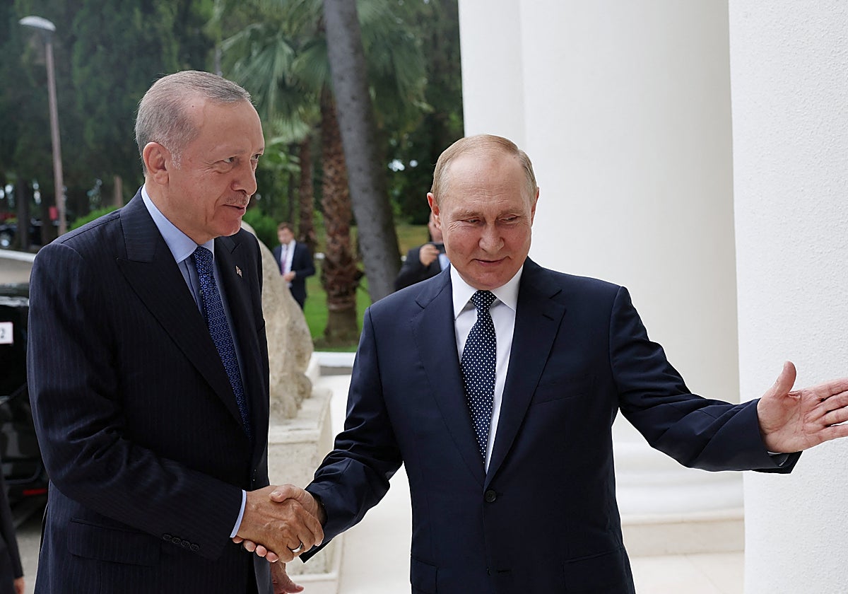 El presidente turco, Recep Tayyip Erdogan en un encuentro con su homólogo ruso, Vladimir Putin, en Sochi en el año 2022