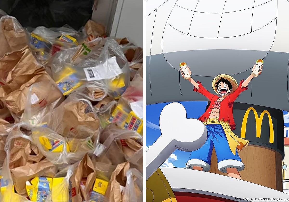 Bolsas de Mc Donald's llenas de comida desperdiciada durante la promoción de 'Pokémon' junto a la imagen promocional de la colaboración con 'One Piece'