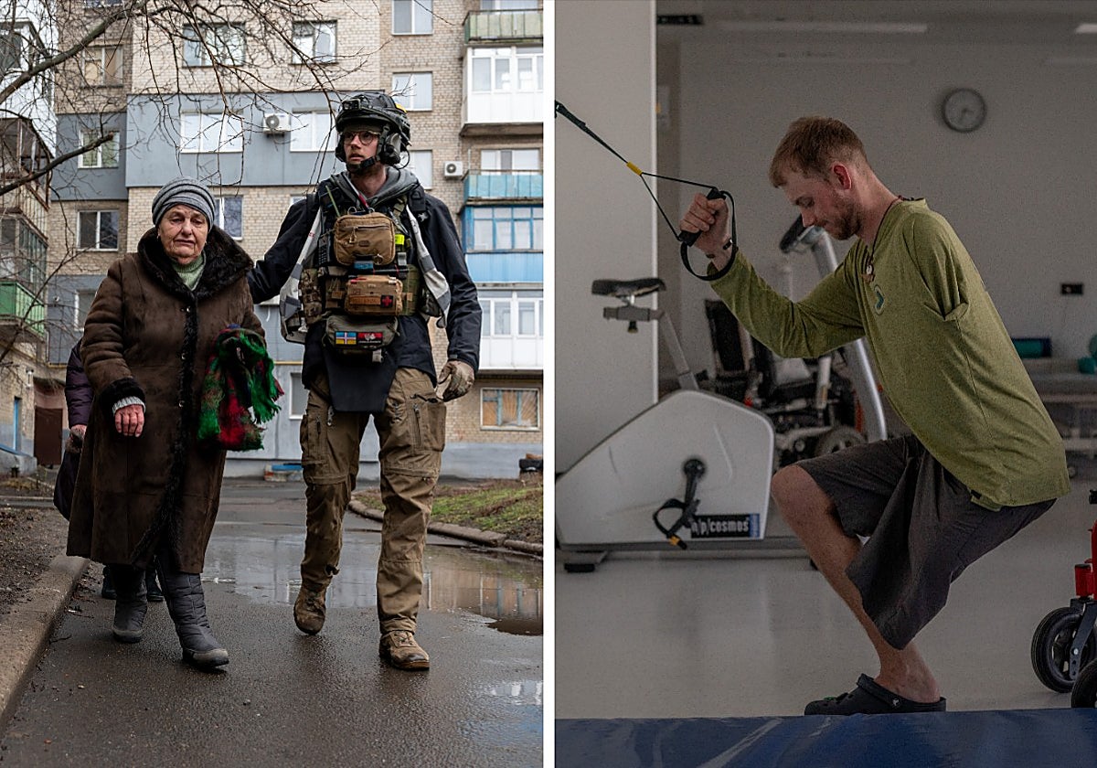 A la izquierda, Eddy Scott, ayudando en una evacuación antes de ser atacado. Dcha., Scott hace rehabilitación tras la amputación de brazo y pierna
