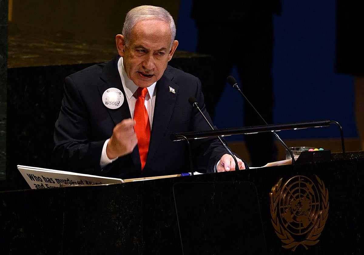 El primer ministro israelí, Benjamin Netanyahu, se dirige a la Asamblea General de la ONU, tras el boicot de decenas de delegaciones, que han salido de la sala