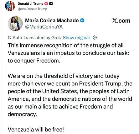 En la primera reacción del presidente estadounidense al Nobel de María Corina ha compartido una captura del mensaje de ella en X