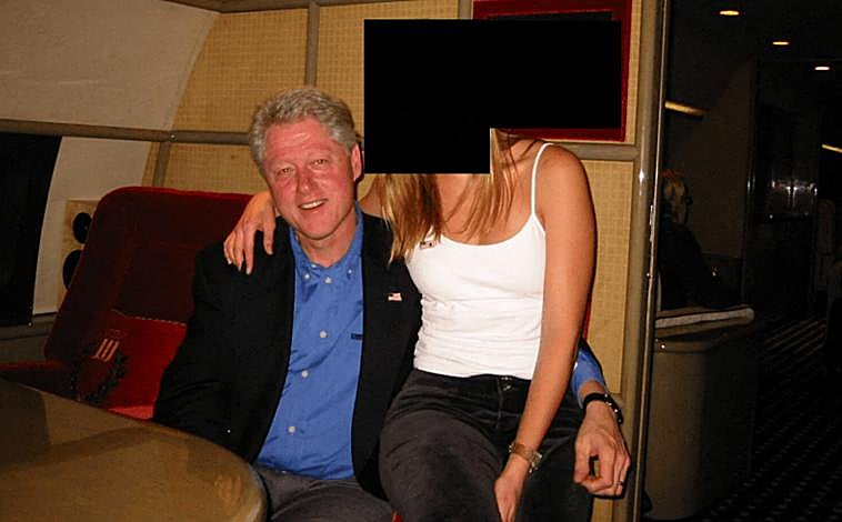 Main image - Above, Bill Clinton with a young woman. Bottom left, painting of Bill Clinton. On your right, entire pages censored